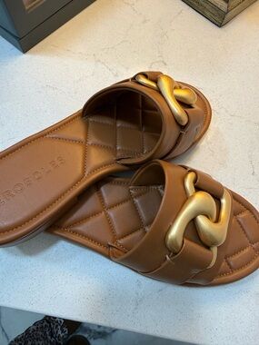 AEROSOLES Cognac Quilted Slide with Gold Chain